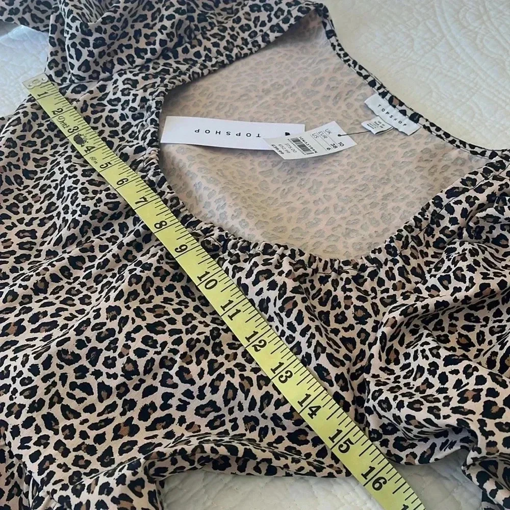 NWT Long Puff Sleeve Mini‎ Dress Women's 6 Leopard Print Swing Flirty Milkmaid